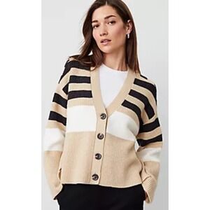 Ann Taylor Weekend‎ Striped Cardigan Sweater Knitwear V Neck Tan Black White M